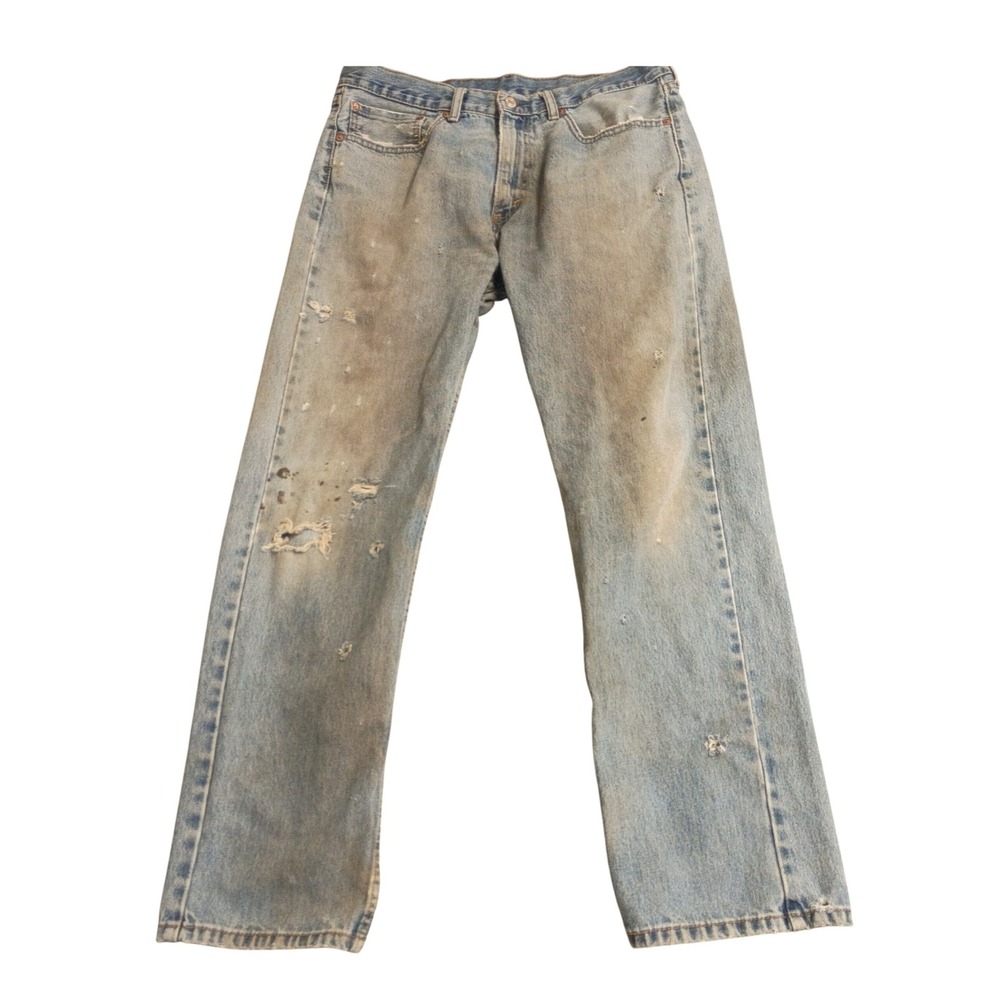 Levis 505 Regular Fit Jeans Mens 33x30 Light Wash Distressed Thrashed Workwear
